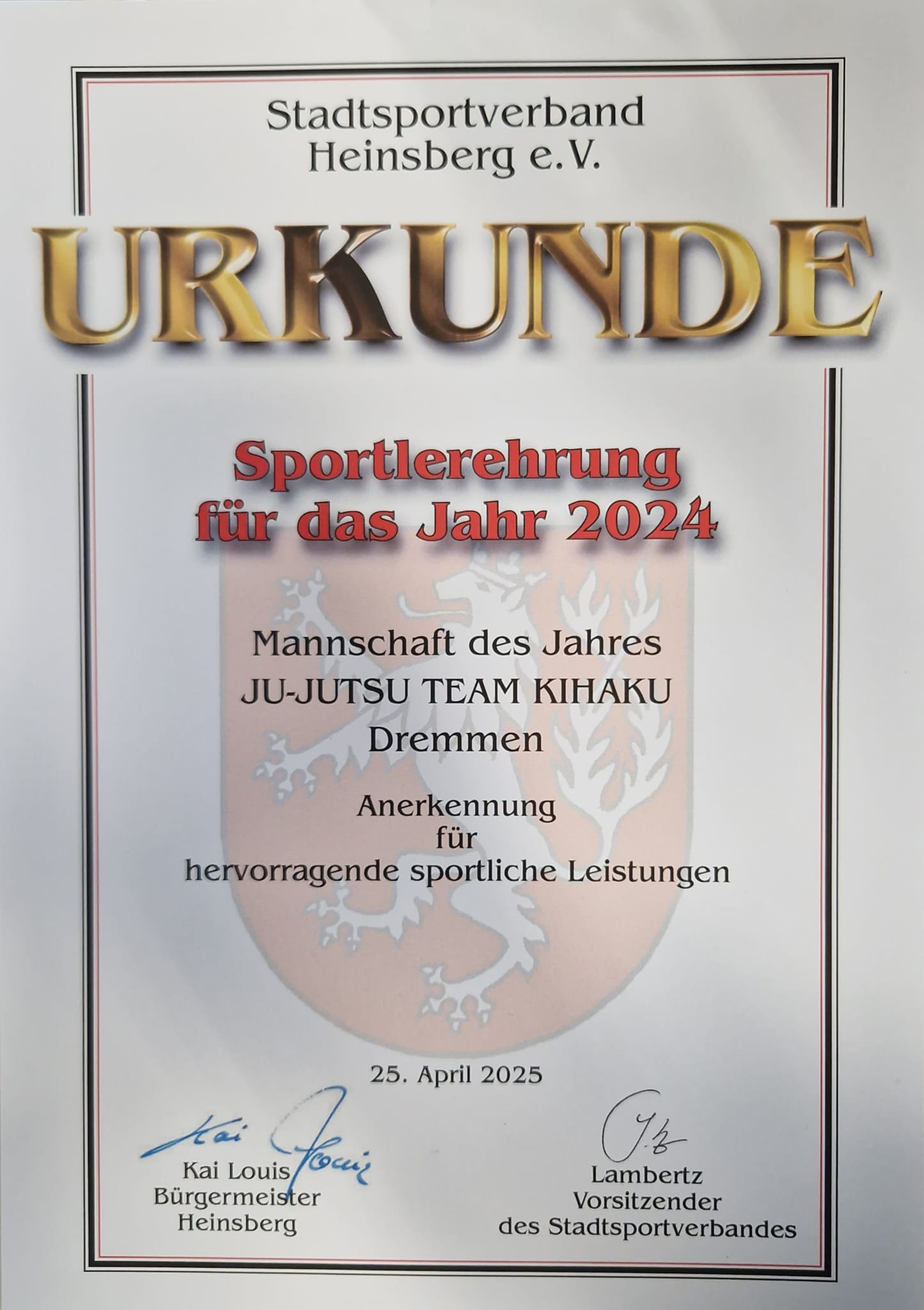 Urkunde der Sportlerehrung 2025 des Stadtsportverbandes Heinsberg.